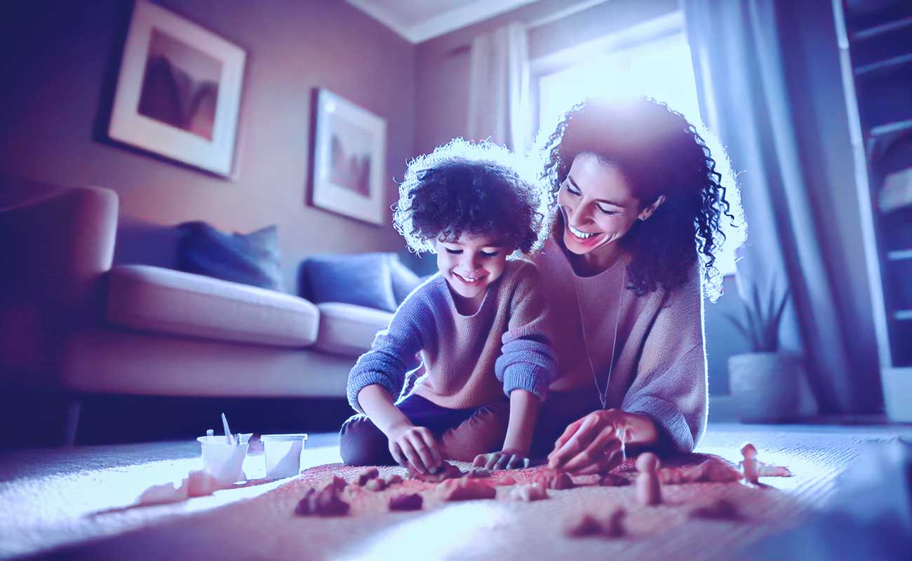 A imagem mostra a relação forte da mãe com seu filho em atividades lúdicas.